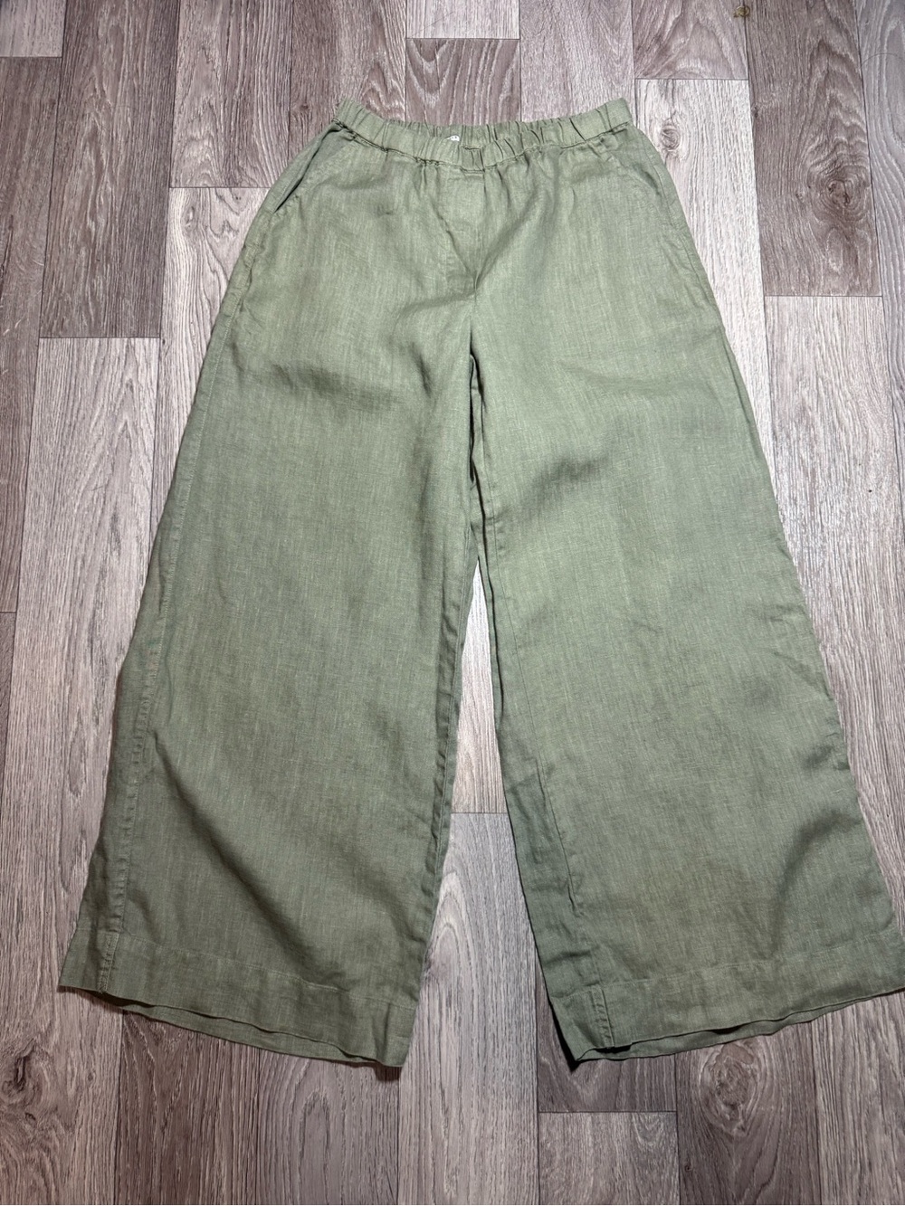 Frank & Eileen Maisie Pull On Wide Leg Linen Pants Olive Green Sz Small